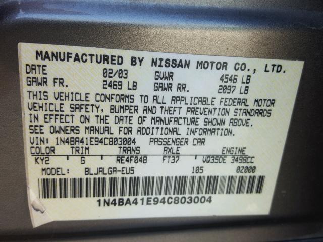 1N4BA41E94C803004 - 2004 NISSAN MAXIMA SE BEIGE photo 10