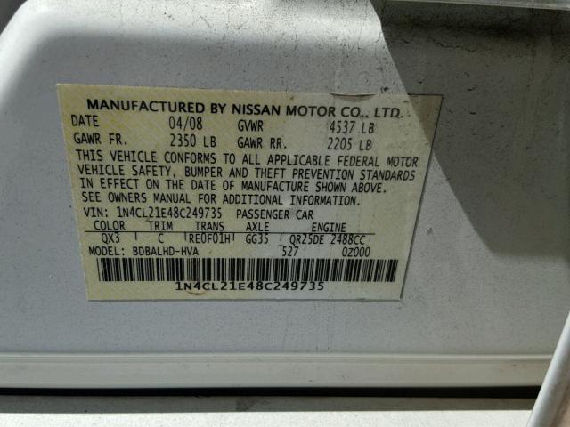 1N4CL21E48C249735 - 2008 NISSAN ALTIMA HYB WHITE photo 10