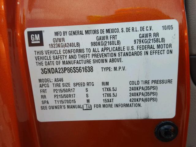 3GNDA23P86S561638 - 2006 CHEVROLET HHR LT ORANGE photo 10