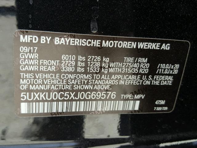 5UXKU0C5XJ0G69576 - 2018 BMW X6 SDRIVE3 BLACK photo 10