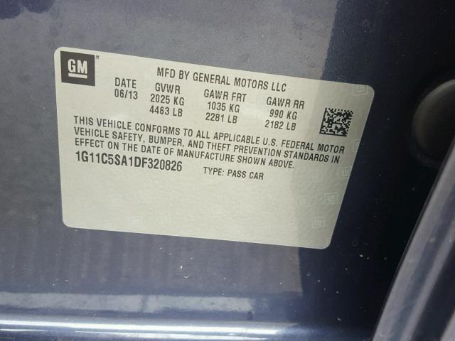 1G11C5SA1DF320826 - 2013 CHEVROLET MALIBU 1LT ლურჯი ფოტო 10