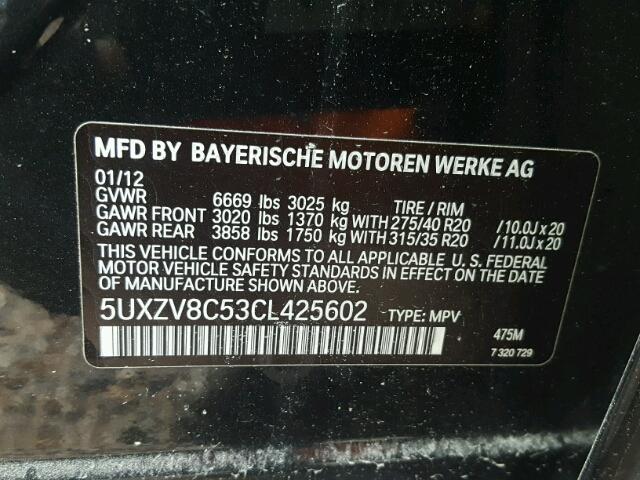 5UXZV8C53CL425602 - 2012 BMW X5 XDRIVE5 BLACK photo 10