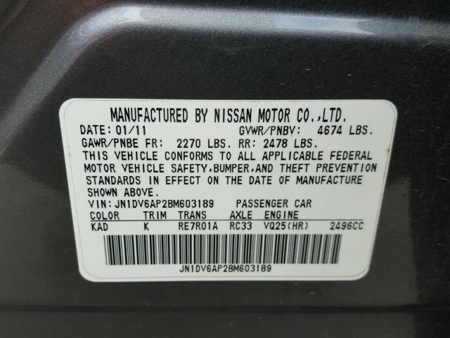 JN1DV6AP2BM603189 - 2011 INFINITI G25 BASE CHARCOAL photo 10