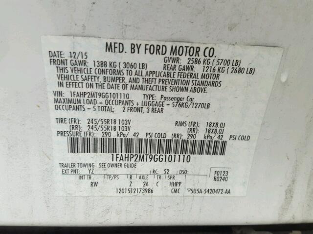 1FAHP2MT9GG101110 - 2016 FORD TAURUS POL WHITE photo 10