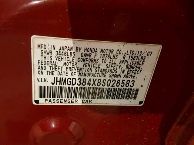 JHMGD384X8S026583 - 2008 HONDA FIT RED photo 10