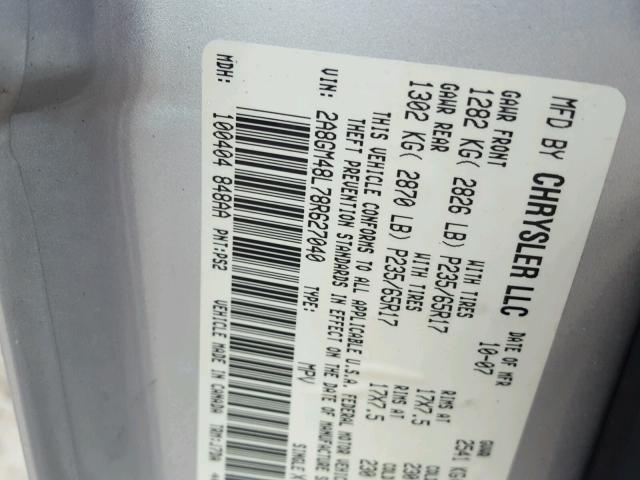 2A8GM48L78R627040 - 2008 CHRYSLER PACIFICA L ვერცხლისფერი ფოტო 10