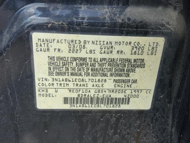 3N1AB61E08L701828 - 2008 NISSAN SENTRA 2.0 BLACK photo 10