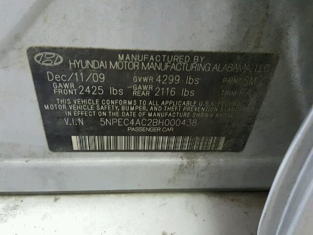 5NPEC4AC2BH000438 - 2011 HYUNDAI SONATA SE SILVER photo 10