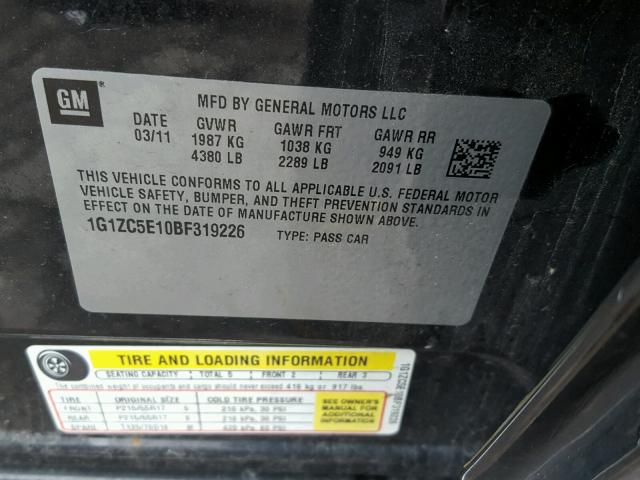 1G1ZC5E10BF319226 - 2011 CHEVROLET MALIBU 1LT CHARCOAL photo 10