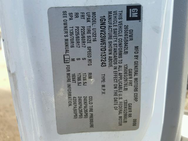 1GNDV23W67D137243 - 2007 CHEVROLET UPLANDER L 白色 照片 10