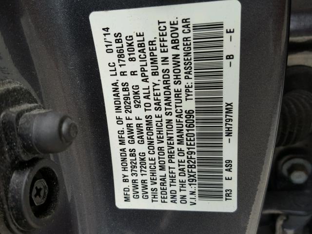 19XFB2F91EE016096 - 2014 HONDA CIVIC EXL GRAY photo 10