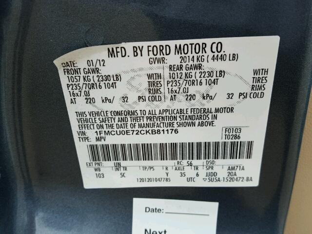 1FMCU0E72CKB81176 - 2012 FORD ESCAPE TEAL photo 10