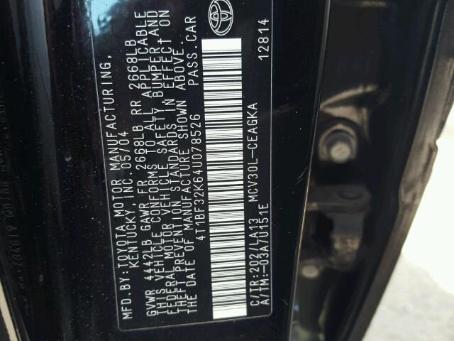 4T1BF32K64U078526 - 2004 TOYOTA CAMRY LE BLACK photo 10