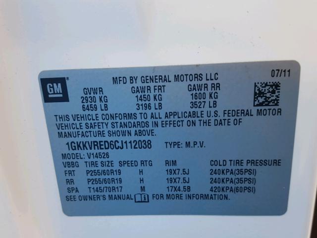1GKKVRED6CJ112038 - 2012 GMC ACADIA SLT თეთრი ფოტო 10