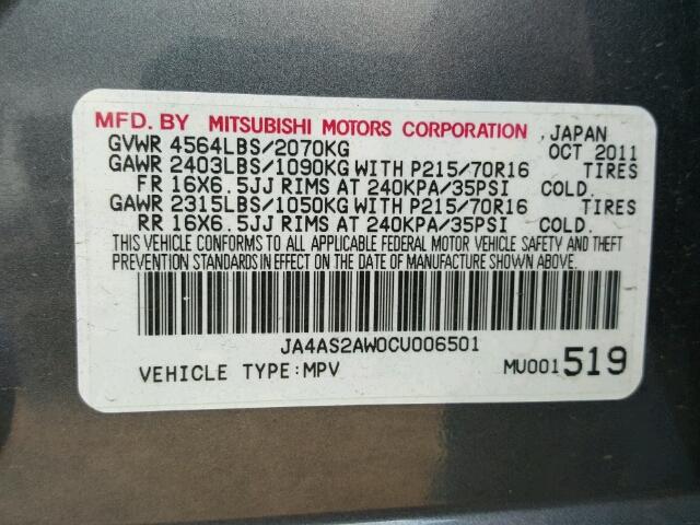 JA4AS2AW0CU006501 - 2012 MITSUBISHI OUTLANDER GRAY photo 10