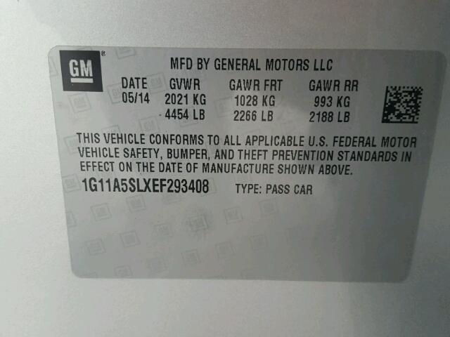 1G11A5SLXEF293408 - 2014 CHEVROLET MALIBU LS 银色 照片 10