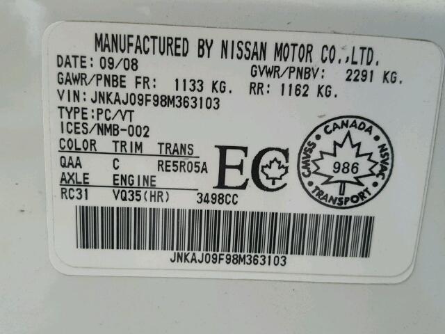 JNKAJ09F98M363103 - 2008 INFINITI EX35 BASE WHITE photo 10