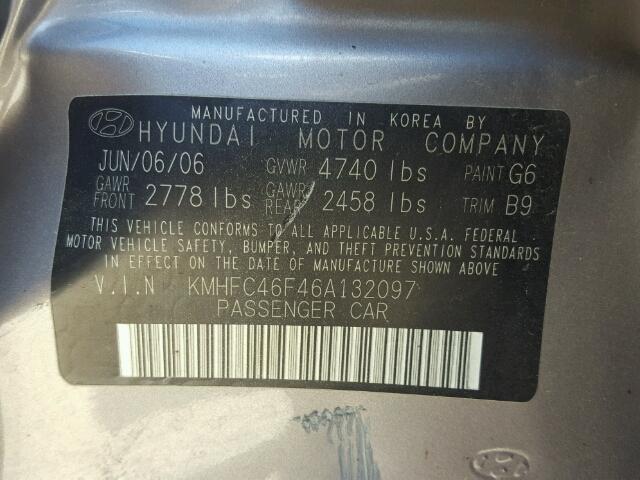 KMHFC46F46A132097 - 2006 HYUNDAI AZERA SE GRAY photo 10