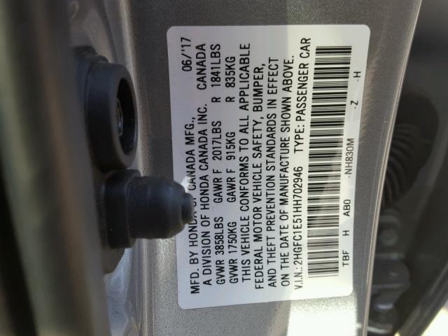 2HGFC1E51HH702946 - 2017 HONDA CIVIC SI GRAY photo 10