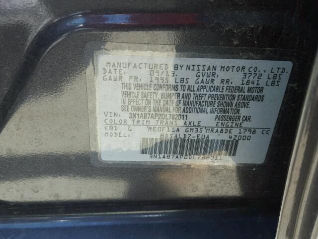 3N1AB7AP2DL782011 - 2013 NISSAN SENTRA GRAY photo 10