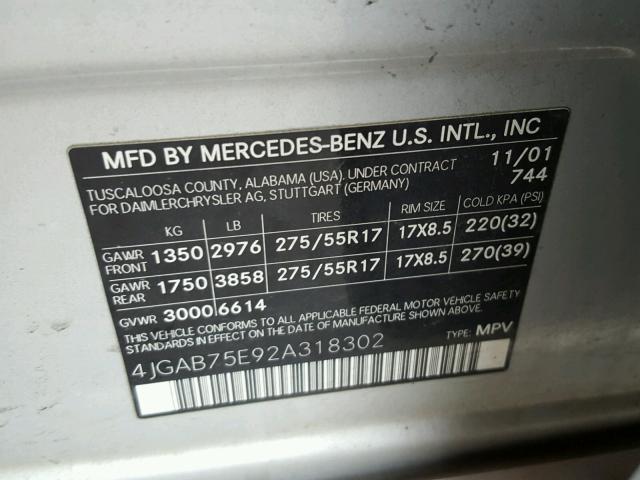 4JGAB75E92A318302 - 2002 MERCEDES-BENZ ML 500 SILVER photo 10