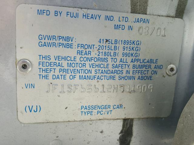 JF1SF65612H731909 - 2002 SUBARU FORESTER S SILVER photo 10