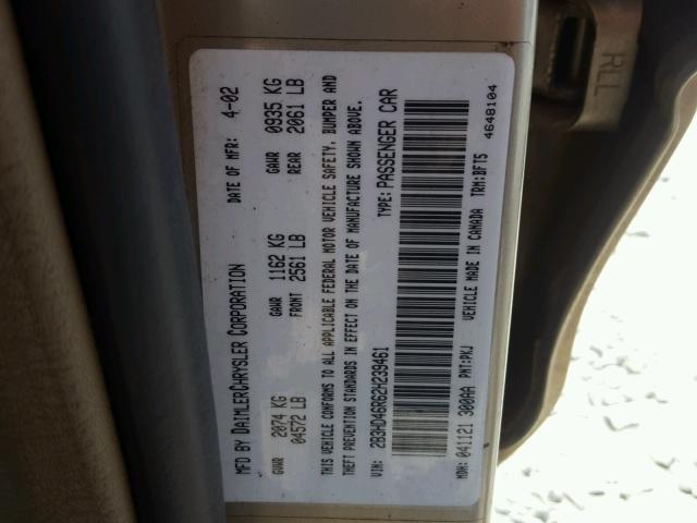 2B3HD46R62H239461 - 2002 DODGE INTREPID S GOLD photo 10