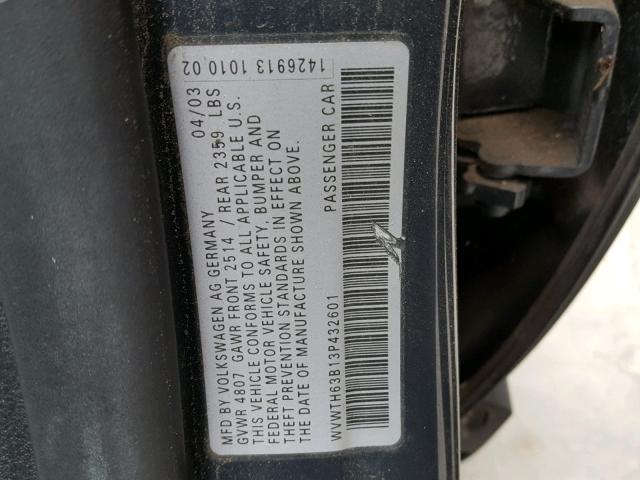 WVWTH63B13P432601 - 2003 VOLKSWAGEN PASSAT GLX GRAY photo 10