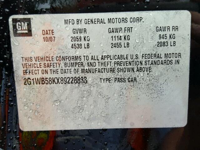 2G1WB58KX89228833 - 2008 CHEVROLET IMPALA 黑色 照片 10