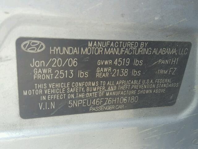 5NPEU46F76H106180 - 2006 HYUNDAI SONATA TURQUOISE photo 10