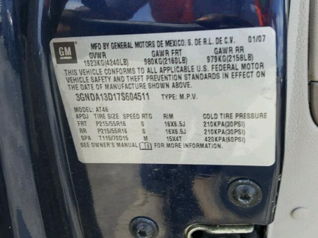 3GNDA13D17S604511 - 2007 CHEVROLET HHR LS BLUE photo 10