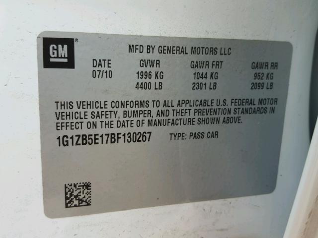 1G1ZB5E17BF130267 - 2011 CHEVROLET MALIBU LS 白色 照片 10