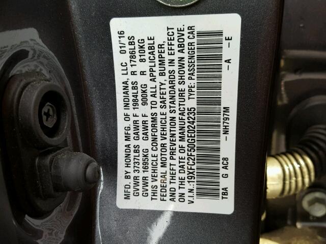 19XFC2F50GE024235 - 2016 HONDA CIVIC GRAY photo 10