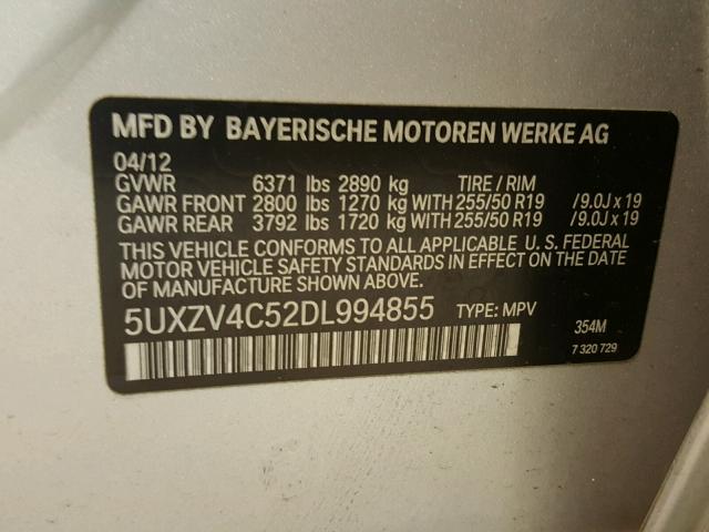 5UXZV4C52DL994855 - 2013 BMW X5 XDRIVE3 SILVER photo 10