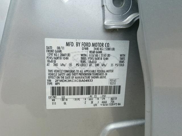 2FMDK3KCXCBA04933 - 2012 FORD EDGE LIMIT SILVER photo 10