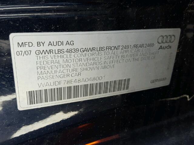 WAUDF78E48A048001 - 2008 AUDI A4 2.0T QU BLUE photo 10