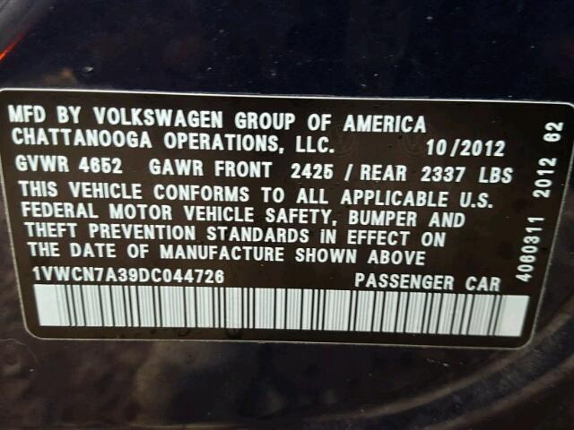 1VWCN7A39DC044726 - 2013 VOLKSWAGEN PASSAT SEL BLUE photo 10