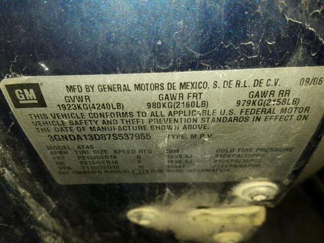 3GNDA13D87S537955 - 2007 CHEVROLET HHR LS BLUE photo 10