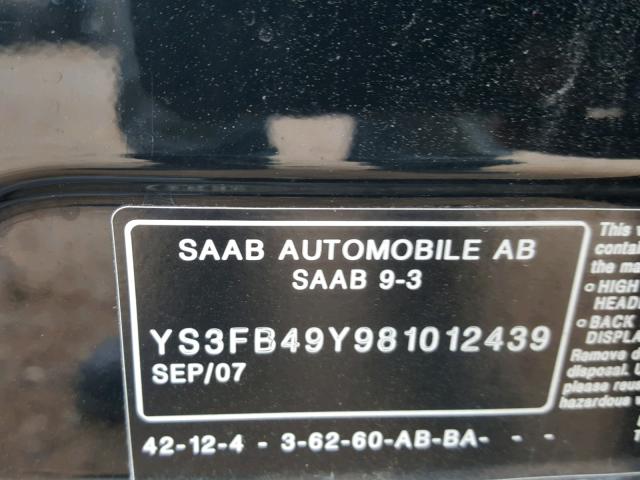 YS3FB49Y981012439 - 2008 SAAB 9-3 2.0T BLACK photo 10