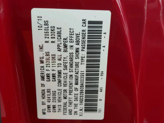 1HGCS2B80BA003551 - 2011 HONDA ACCORD EXL RED photo 10