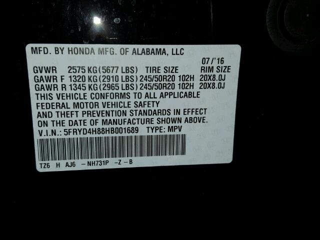 5FRYD4H88HB001689 - 2017 ACURA MDX ADVANC BLACK photo 10