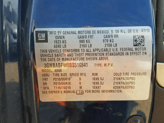 3GNBABFW8BS510841 - 2011 CHEVROLET HHR LT BLUE photo 10