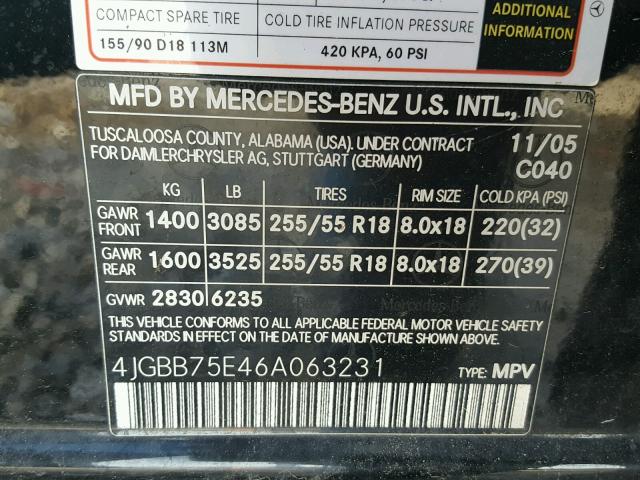 4JGBB75E46A063231 - 2006 MERCEDES-BENZ ML 500 BLACK photo 10