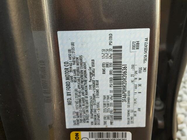 3FA6P0HR2DR206361 - 2013 FORD FUSION SE GRAY photo 10