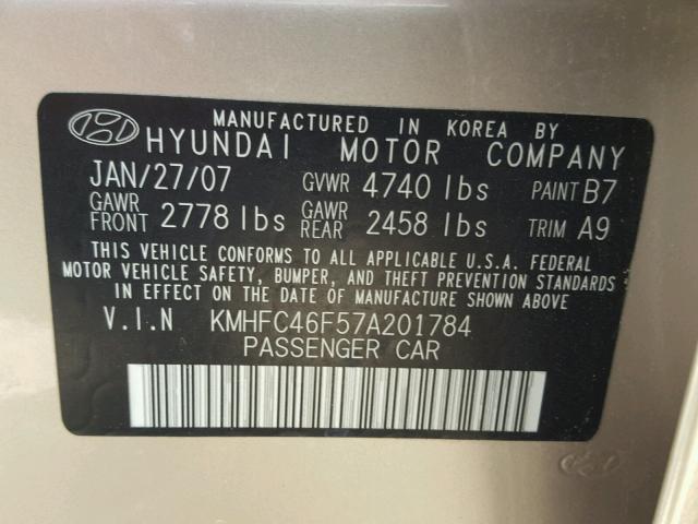 KMHFC46F57A201784 - 2007 HYUNDAI AZERA SE GOLD photo 10