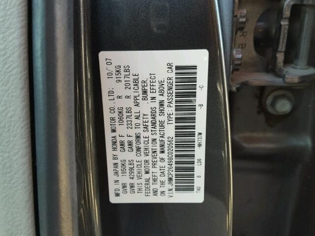 JHMCP26498C020562 - 2008 HONDA ACCORD LXP CHARCOAL photo 10