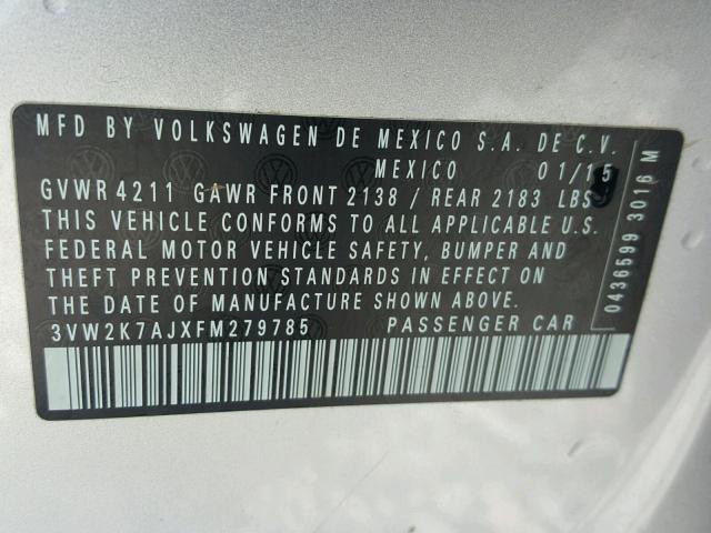 3VW2K7AJXFM279785 - 2015 VOLKSWAGEN JETTA BASE SILVER photo 10