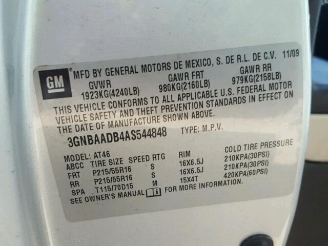 3GNBAADB4AS544848 - 2010 CHEVROLET HHR LS SILVER photo 10