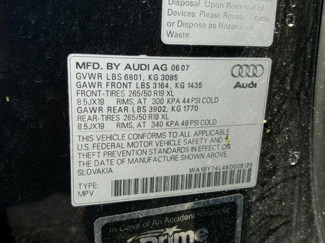 WA1BY74L48D008129 - 2008 AUDI Q7 3.6 QUA GRAY photo 10