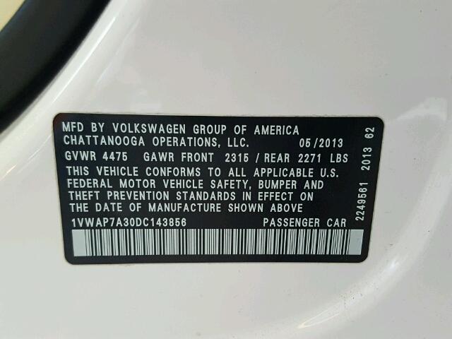 1VWAP7A30DC143856 - 2013 VOLKSWAGEN PASSAT WHITE photo 10